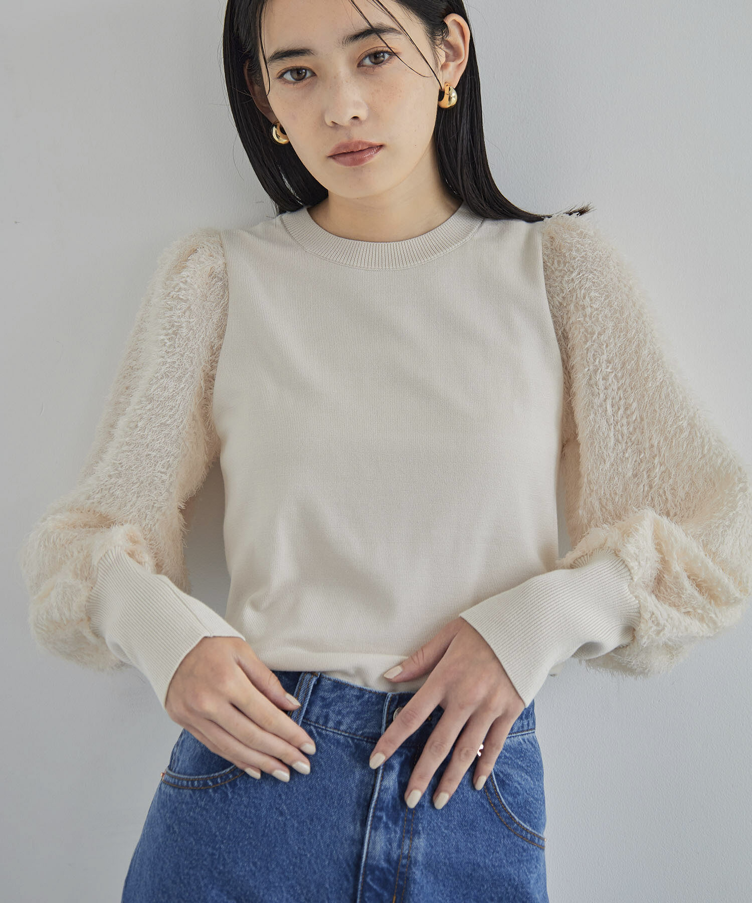 VIS「布帛スリーブドッキングニットプルオーバー」|ニット・セーター|