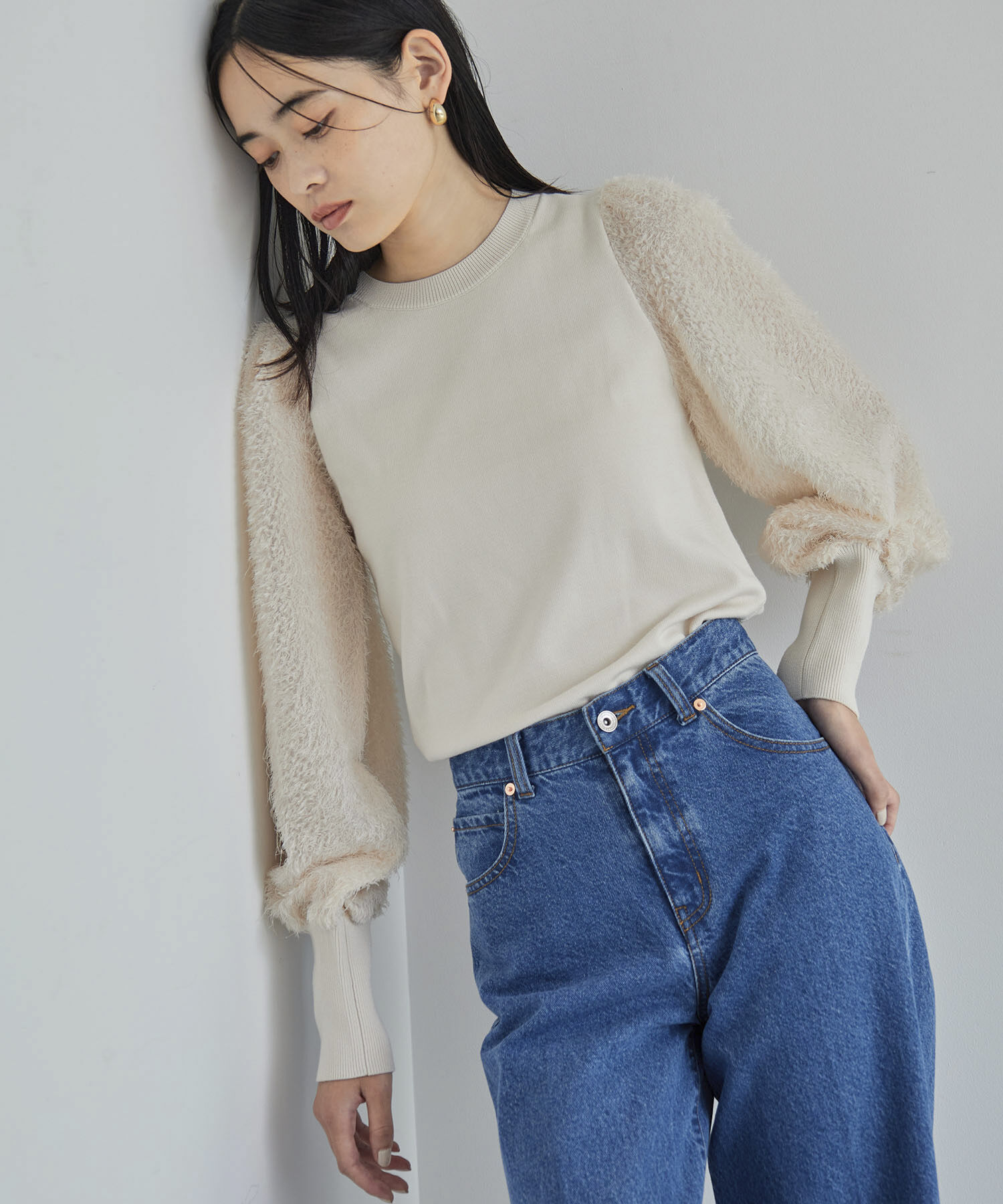 VIS「布帛スリーブドッキングニットプルオーバー」|ニット・セーター|オフホワイト(15)
