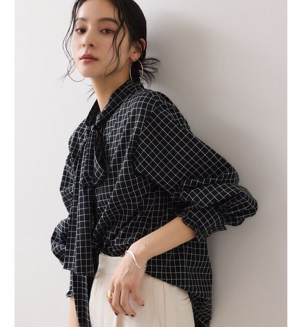 VIS「チェック＆デニムアソートボウタイリボン付きスタンドカラーシャツ」|シャツ・ブラウス|ブラック系(02)