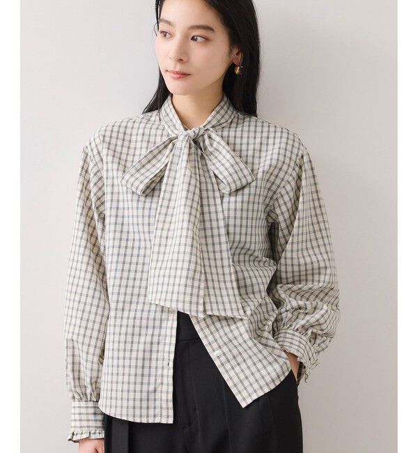 VIS「チェック＆デニムアソートボウタイリボン付きスタンドカラーシャツ」|シャツ・ブラウス|
