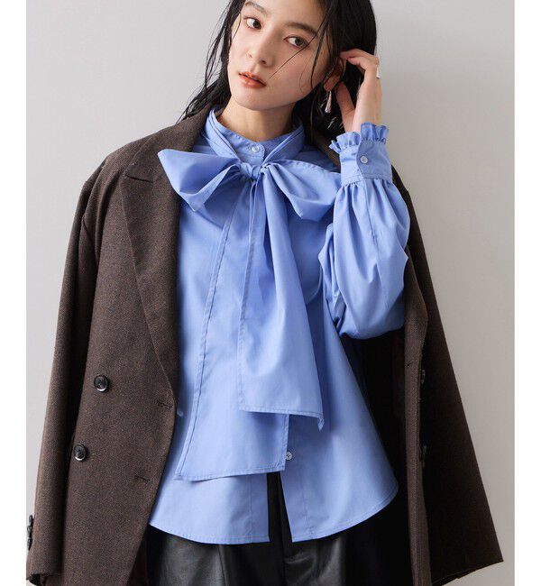 VIS「チェック＆デニムアソートボウタイリボン付きスタンドカラーシャツ」|シャツ・ブラウス|