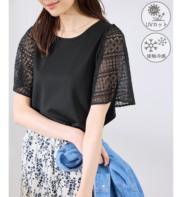 Rope&rsquo;Picnic「【UVカット・接触冷感】Cutee レースドッキングフレアスリーブトップス/リンクコーデ」|Tシャツ・カットソー|ブラック(01)