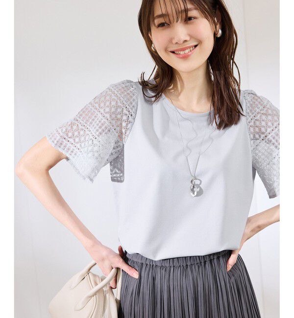 Rope&rsquo;Picnic「【UVカット・接触冷感】Cutee レースドッキングフレアスリーブトップス/リンクコーデ」|Tシャツ・カットソー|