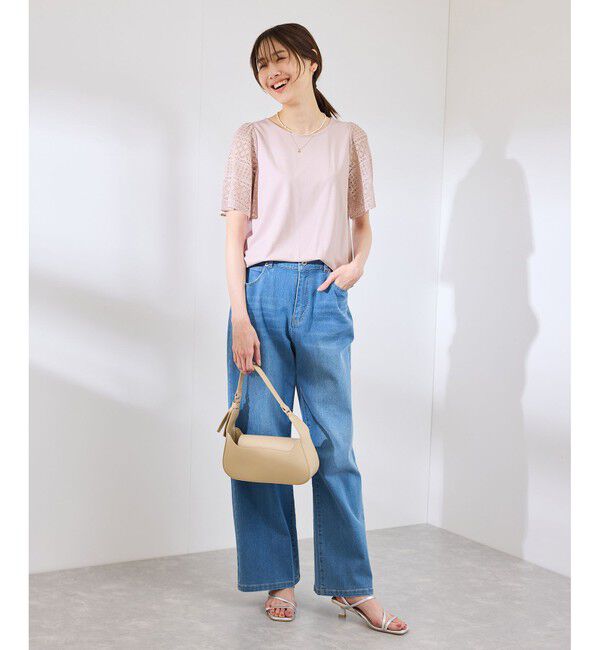 Rope&rsquo;Picnic「【UVカット・接触冷感】Cutee レースドッキングフレアスリーブトップス/リンクコーデ」|Tシャツ・カットソー|