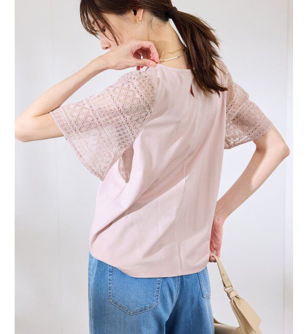 Rope&rsquo;Picnic「【UVカット・接触冷感】Cutee レースドッキングフレアスリーブトップス/リンクコーデ」|Tシャツ・カットソー|