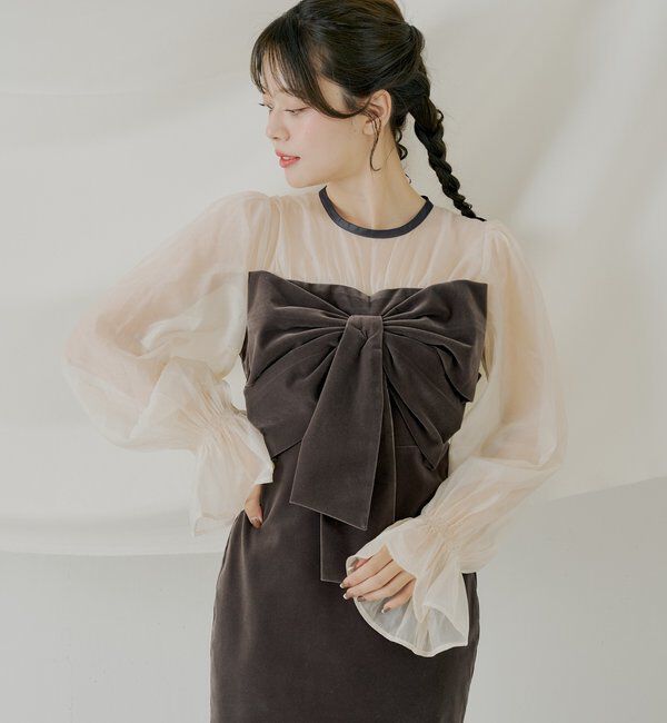  「【SALON by Chico】配色シアーリボンベロアワンピース/オケージョン」|ドレス|