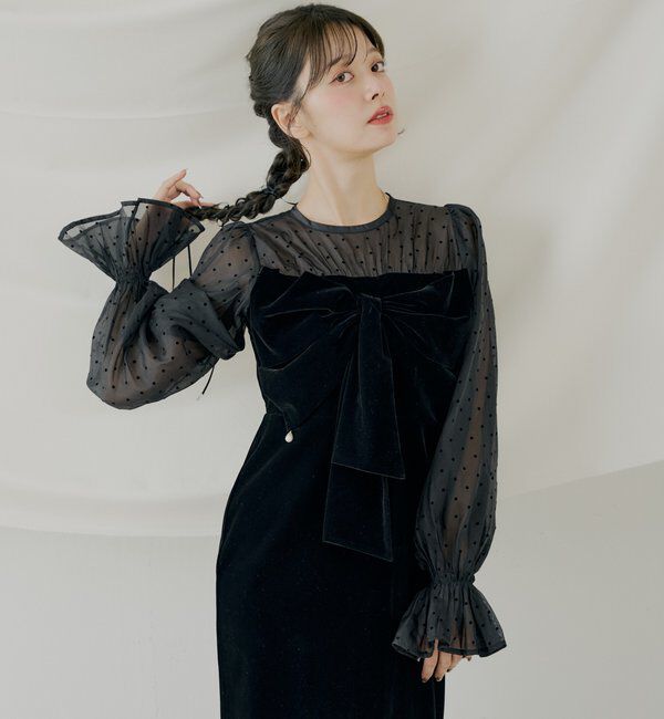  「【SALON by Chico】配色シアーリボンベロアワンピース/オケージョン」|ドレス|