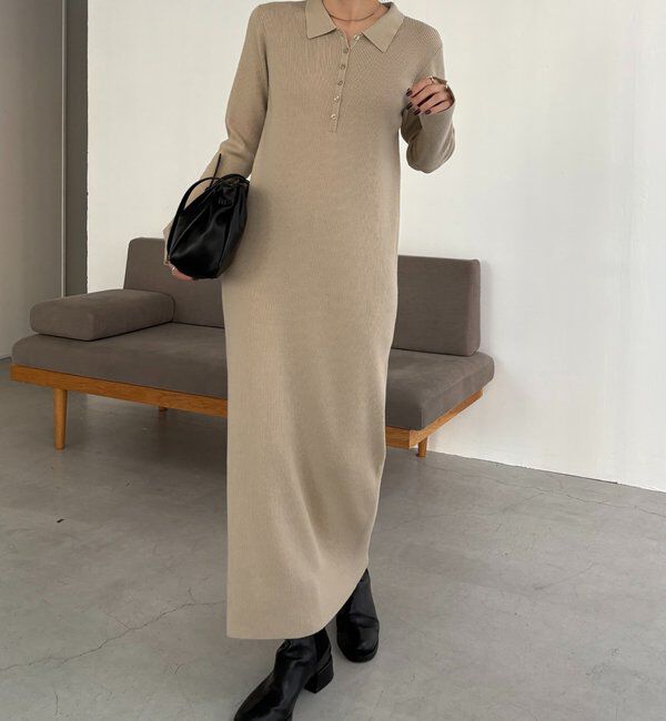  「【低身長サイズあり】襟ニットワンピース」|ワンピース|ベージュ