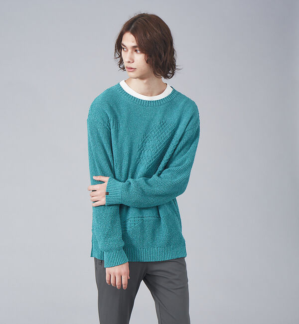 ABAHOUSE「サボテン柄 クルーネック ペーパーニット」|ニット・セーター|エメラルドグリーン