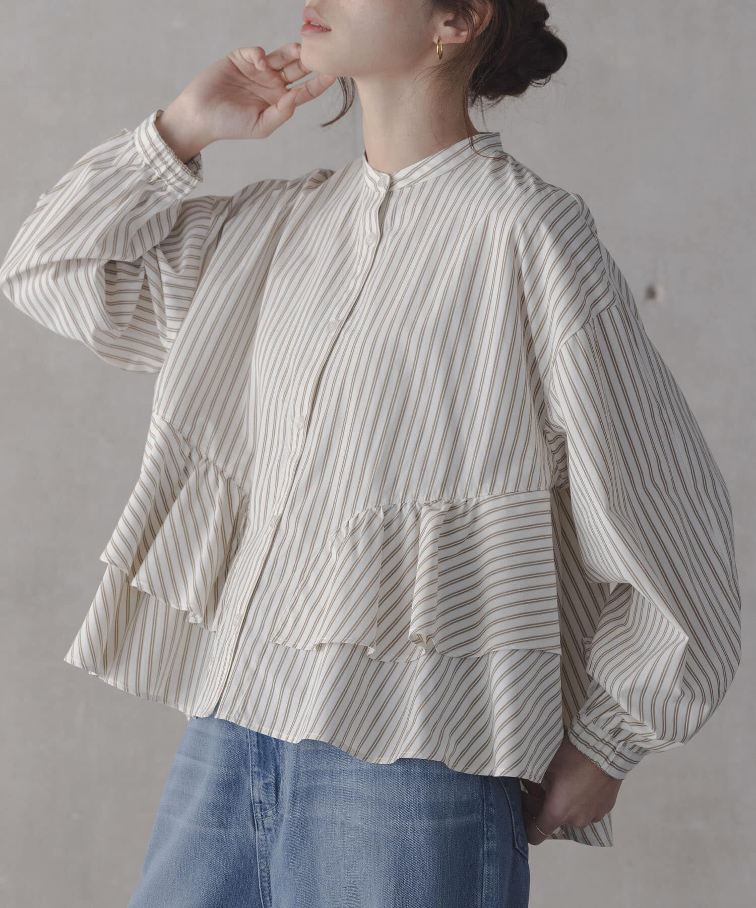 Sonny Label 「『WEB限定』バンドカラーフリルストライプシャツ」|シャツ・ブラウス|ブラウン系その他