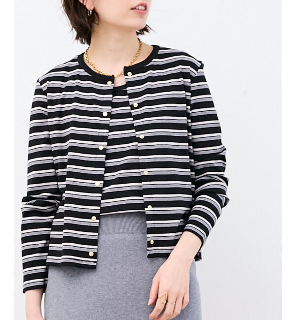  「マルチボーダーリブカーデ」|カーディガン|ブラック柄