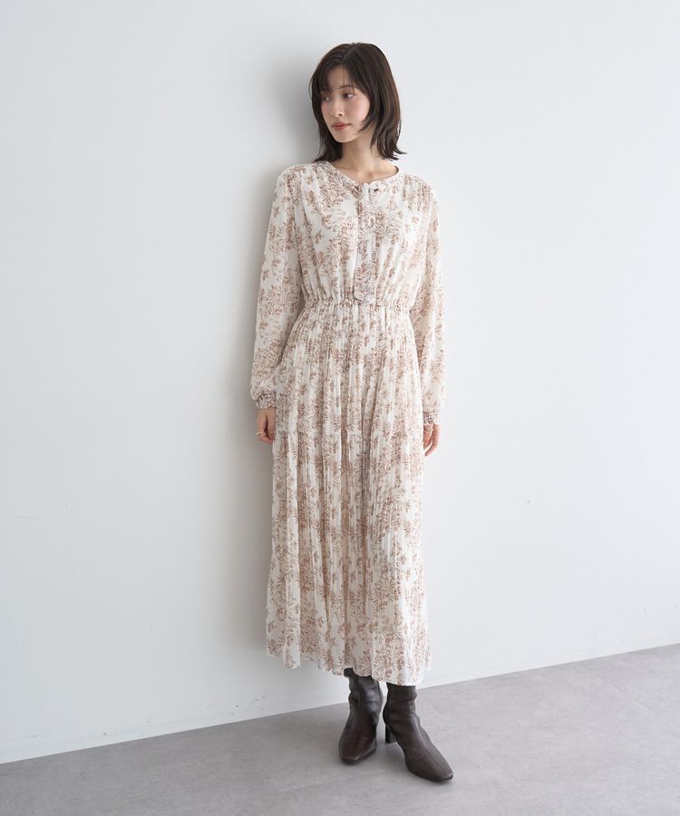 YECCA VECCA「ボタニカル柄ボウタイプリーツワンピース」|ワンピース|Ivory