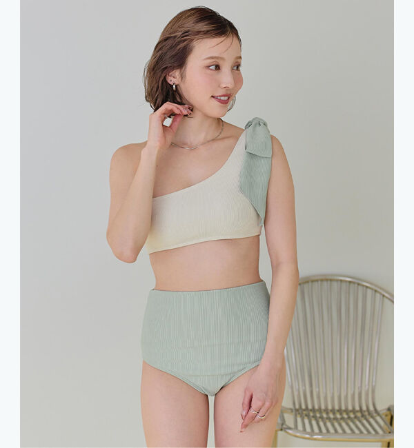 SEA DRESS「ワンショルダーデザインリブビキニ」|ビキニ|ｱｲﾎﾞﾘｰ/Mｸﾞﾘｰﾝ