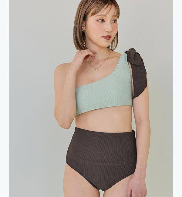 SEA DRESS「ワンショルダーデザインリブビキニ」|ビキニ|ﾐﾝﾄｸﾞﾘｰﾝ/ﾀﾞｰｸﾌﾞﾗｳﾝ