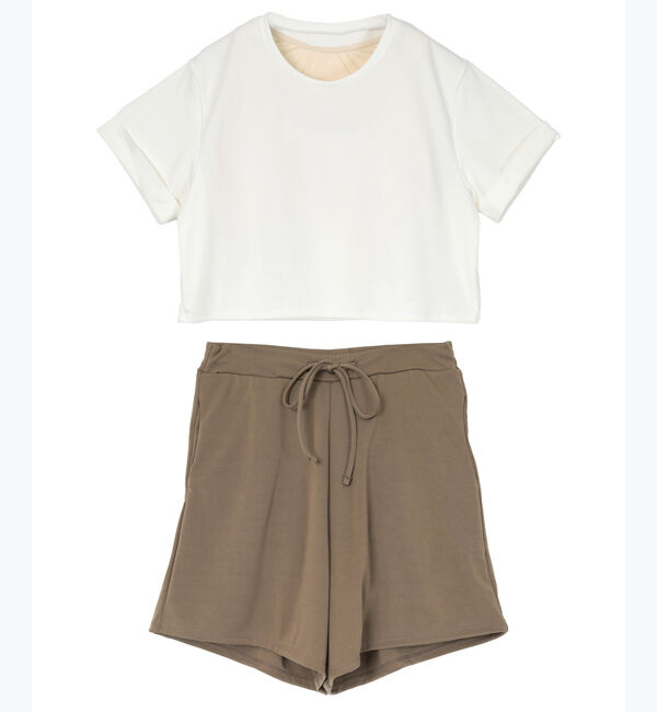 SEA DRESS「カップ付半袖Tシャツ&times;ショートパンツ/セット水着」|ビキニ|ｵﾌﾎﾜｲﾄ/ｵﾘｰﾌﾞ