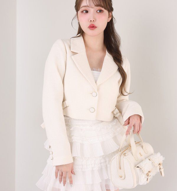  「【premiumorder】サイドベルトツイードショートジャケット」|ダウンベスト・ベスト|