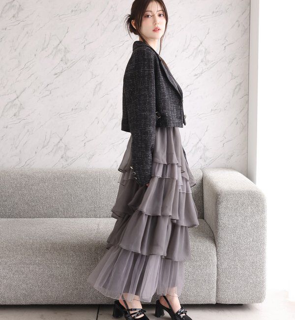  「【premiumorder】サイドベルトツイードショートジャケット」|ダウンベスト・ベスト|