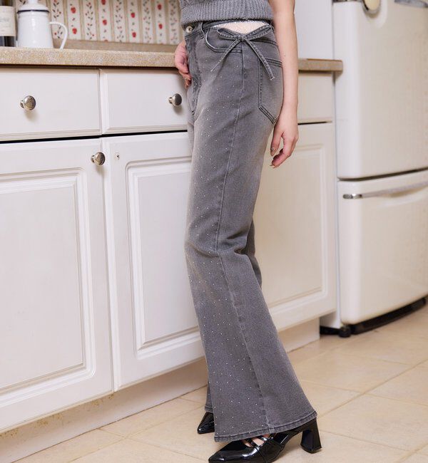  「サイドカットレース美脚ビジューデニム」|その他|