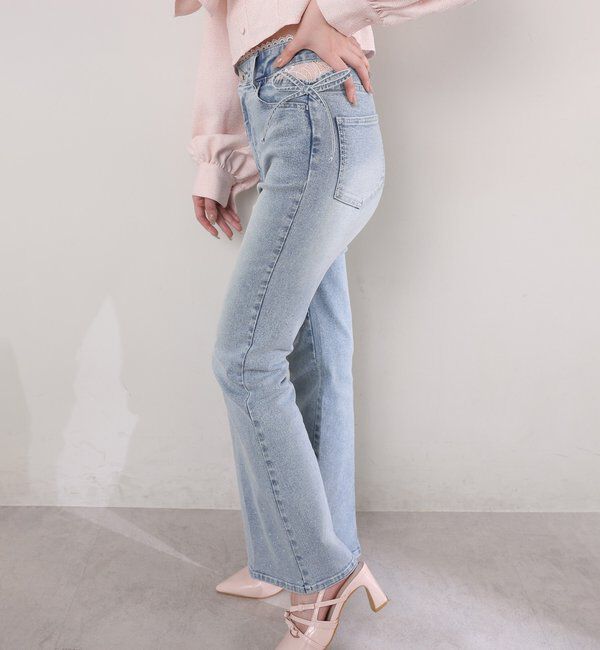  「サイドカットレース美脚ビジューデニム」|その他|