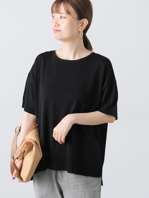 Lugnoncure「【接触冷感】無地/ボーダー半袖ニット」|ニット・セーター|ブラック