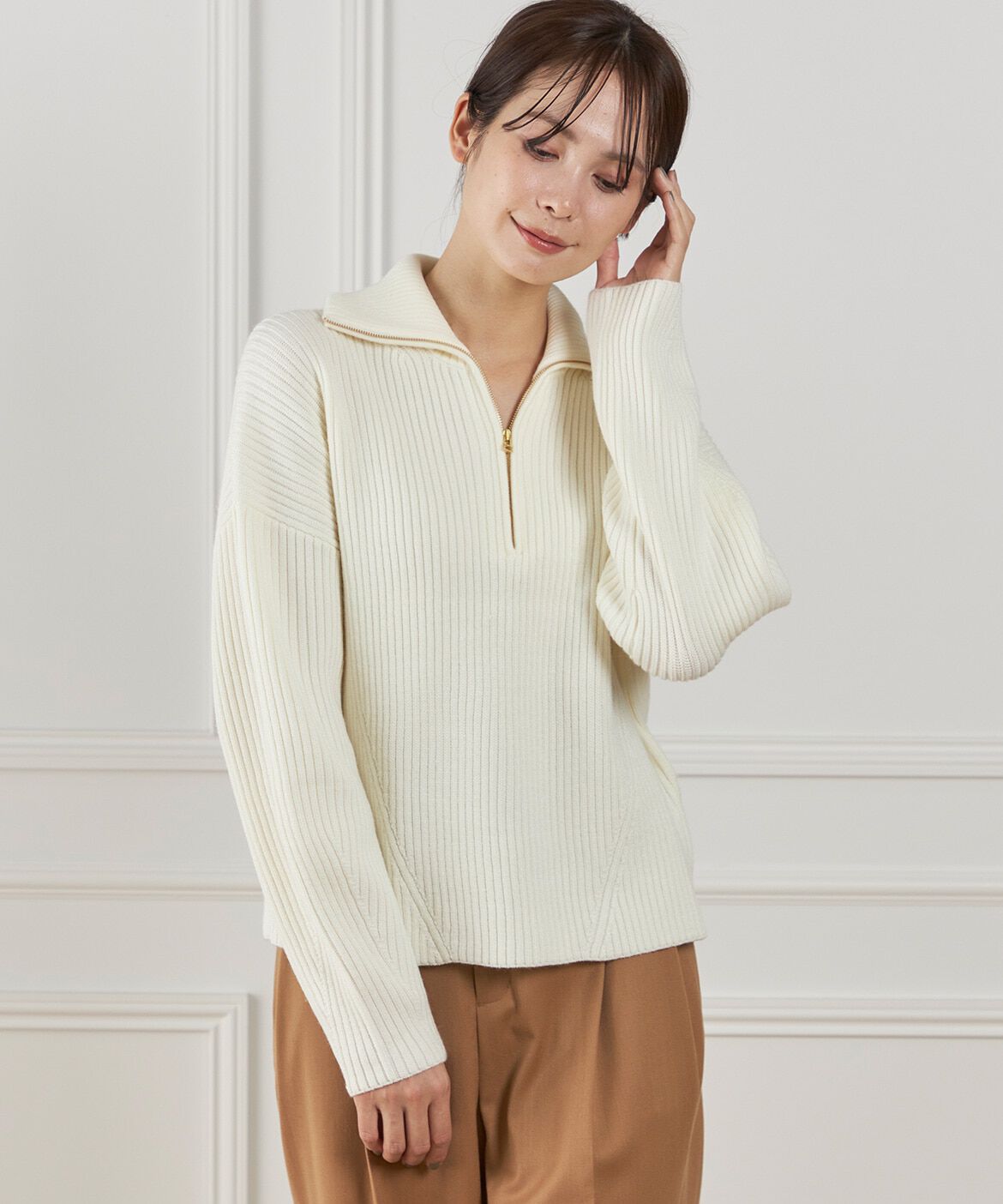 INED「《大きいサイズ》ハーフジッププルオーバーニット」|ニット・セーター|オフホワイト1