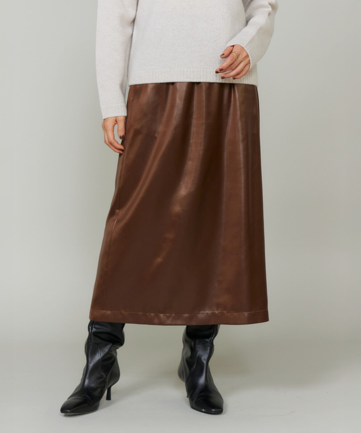 Le Souk「レザーライクギャザーストレートスカート 」|台形|