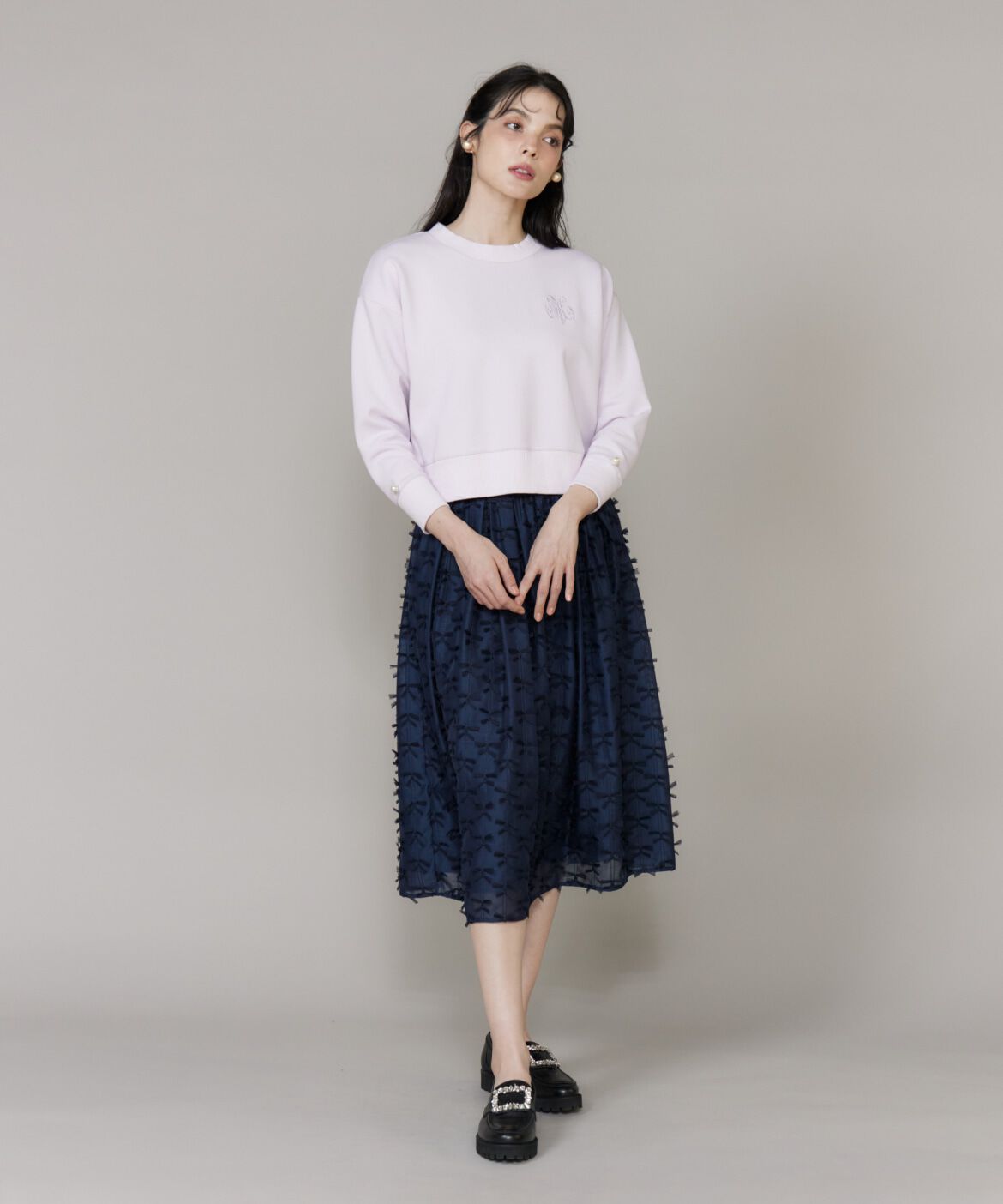 Maglie le cassetto「《大きいサイズ》チュールリボン刺繍スカート」|フレア|