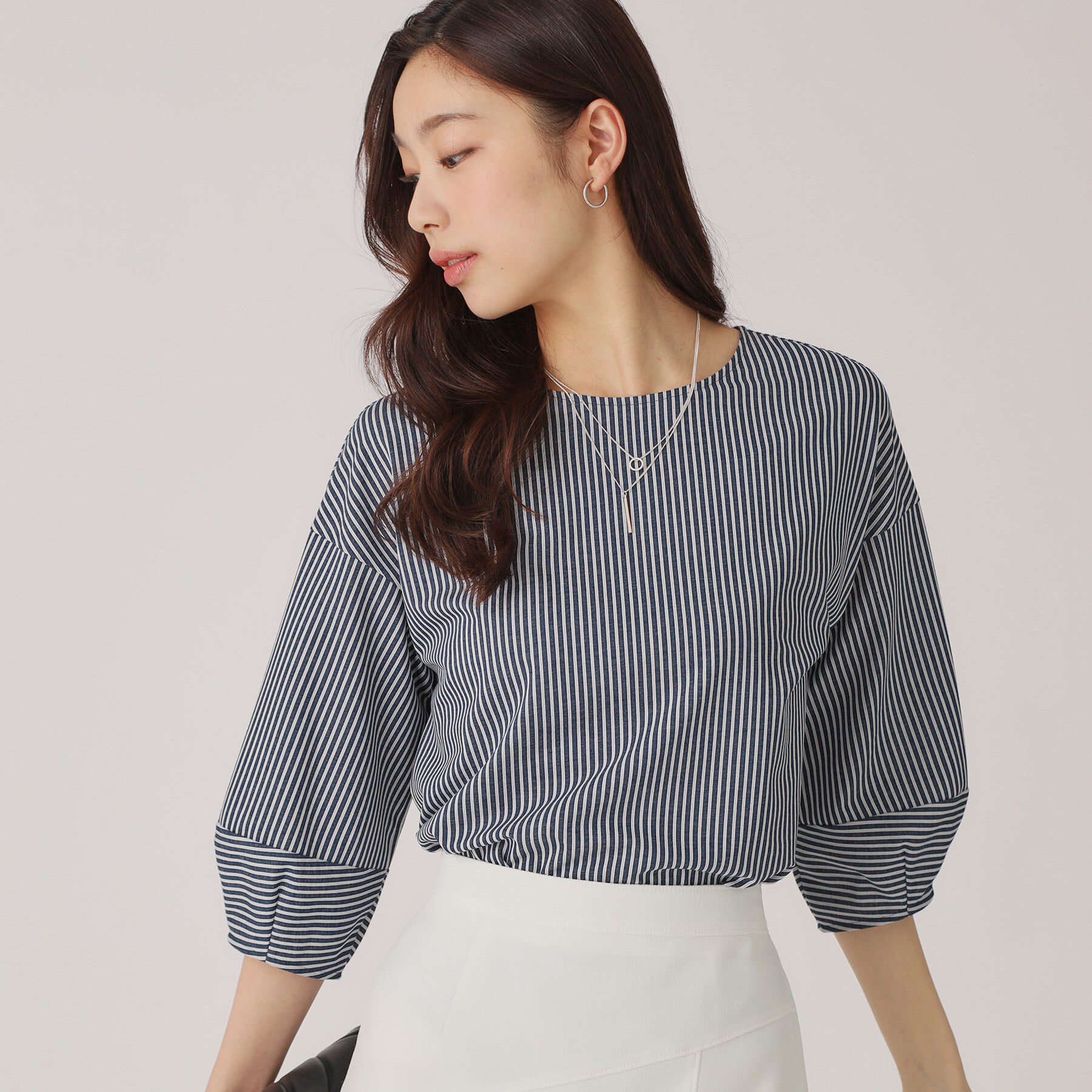 COUP DE CHANCE「【洗える／日本製／】ストライプ柄ジャージのトップス」|Tシャツ・カットソー|ネイビー(394)