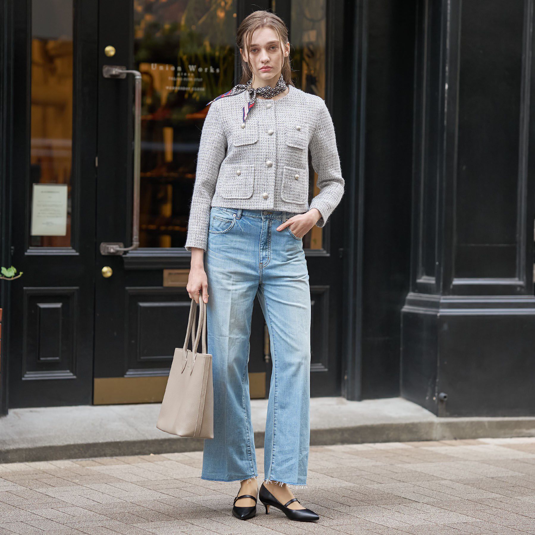 DRESSTERIOR「ラメミックスツイードジャケット」|ノーカラージャケット|