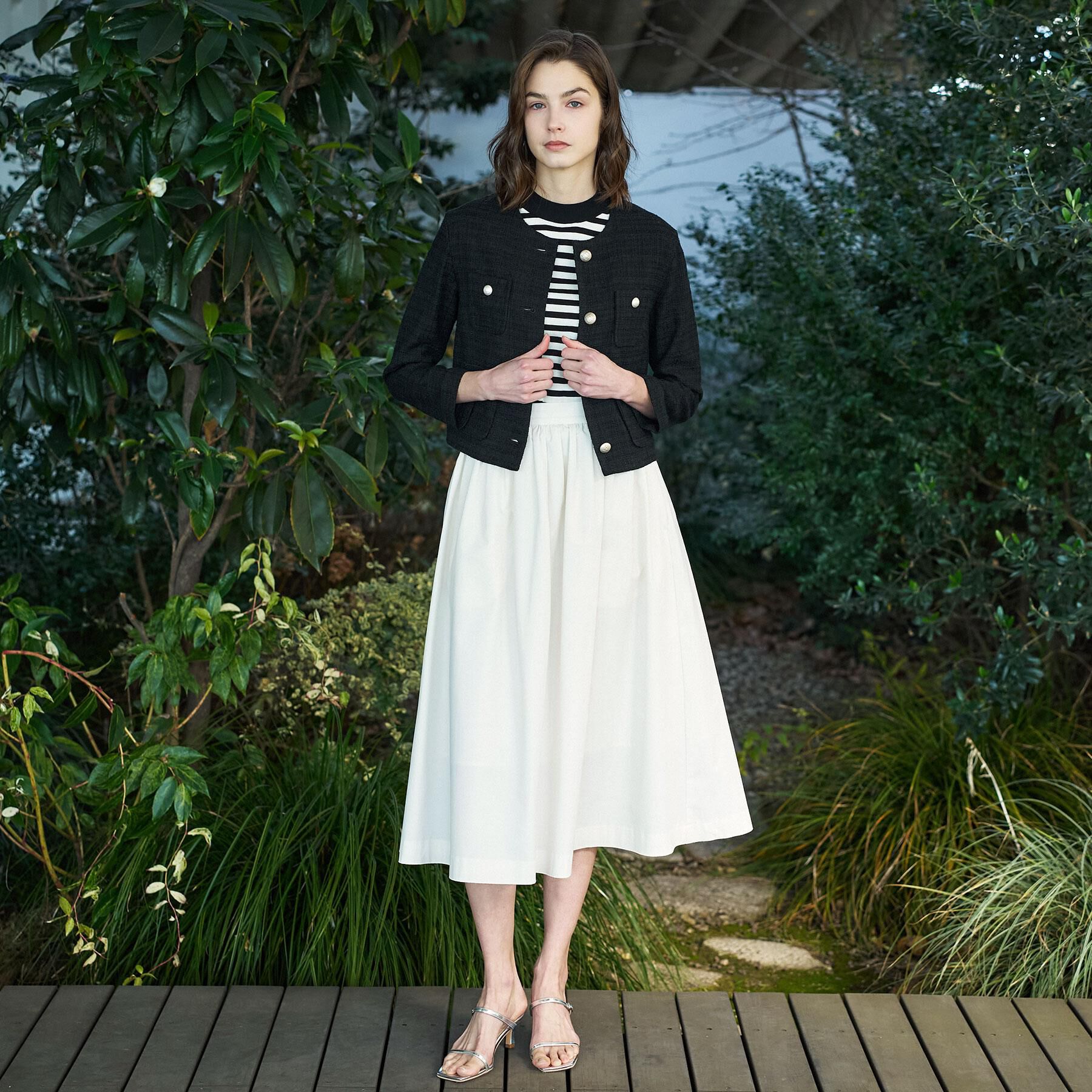 DRESSTERIOR「ブラックファンシーツイードジャケット」|ノーカラージャケット|