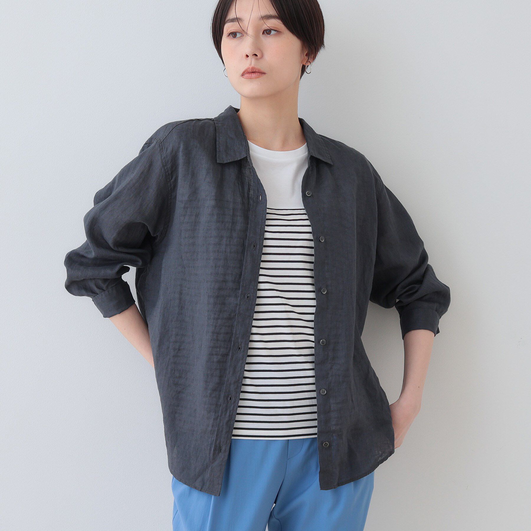 INDIVI「【毎年人気！／フレンチリネン】ベーシックシャツ」|シャツ・ブラウス|チャコールグレー(0