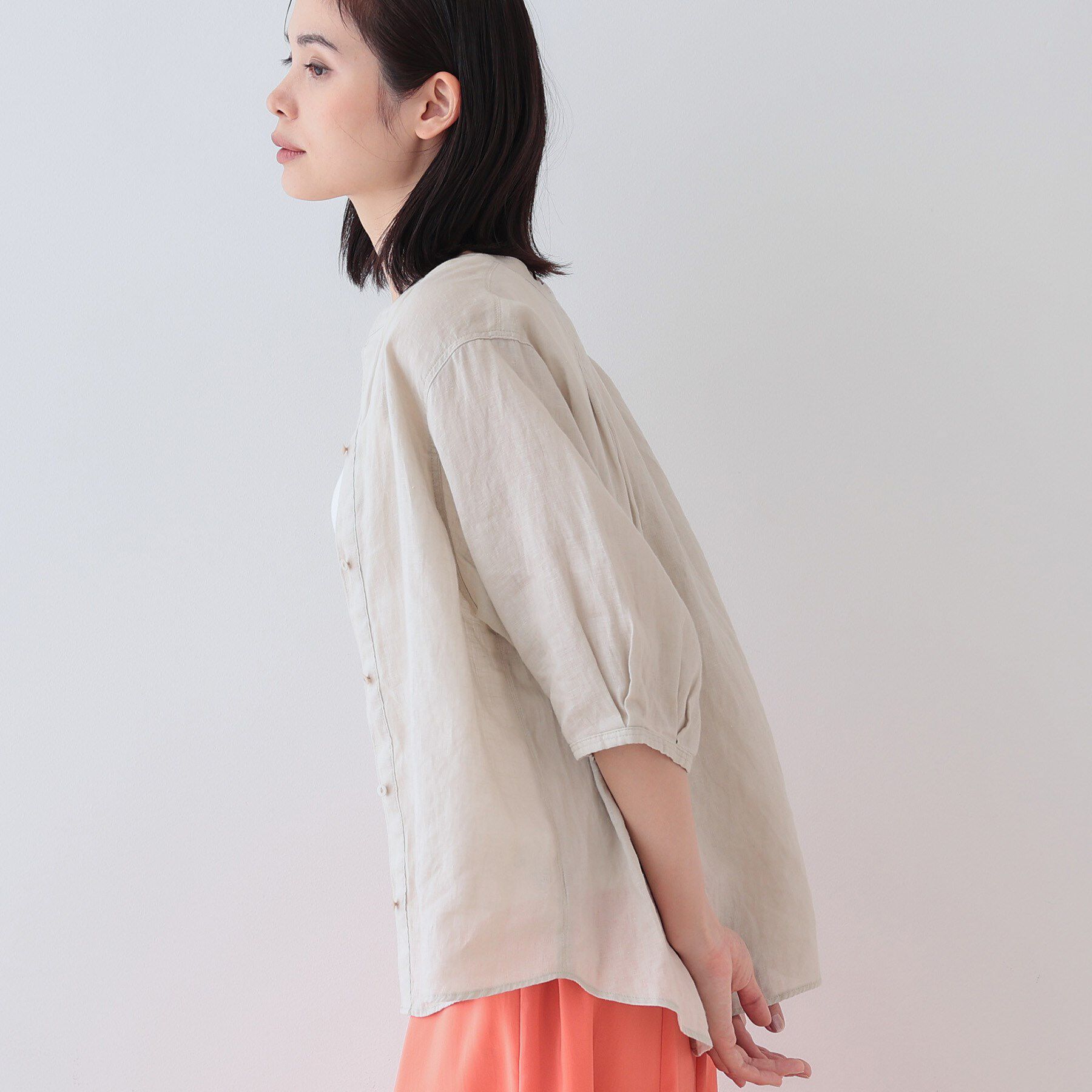 INDIVI「【毎年人気！／フレンチリネン】5分袖バンドカラーブラウス」|シャツ・ブラウス|