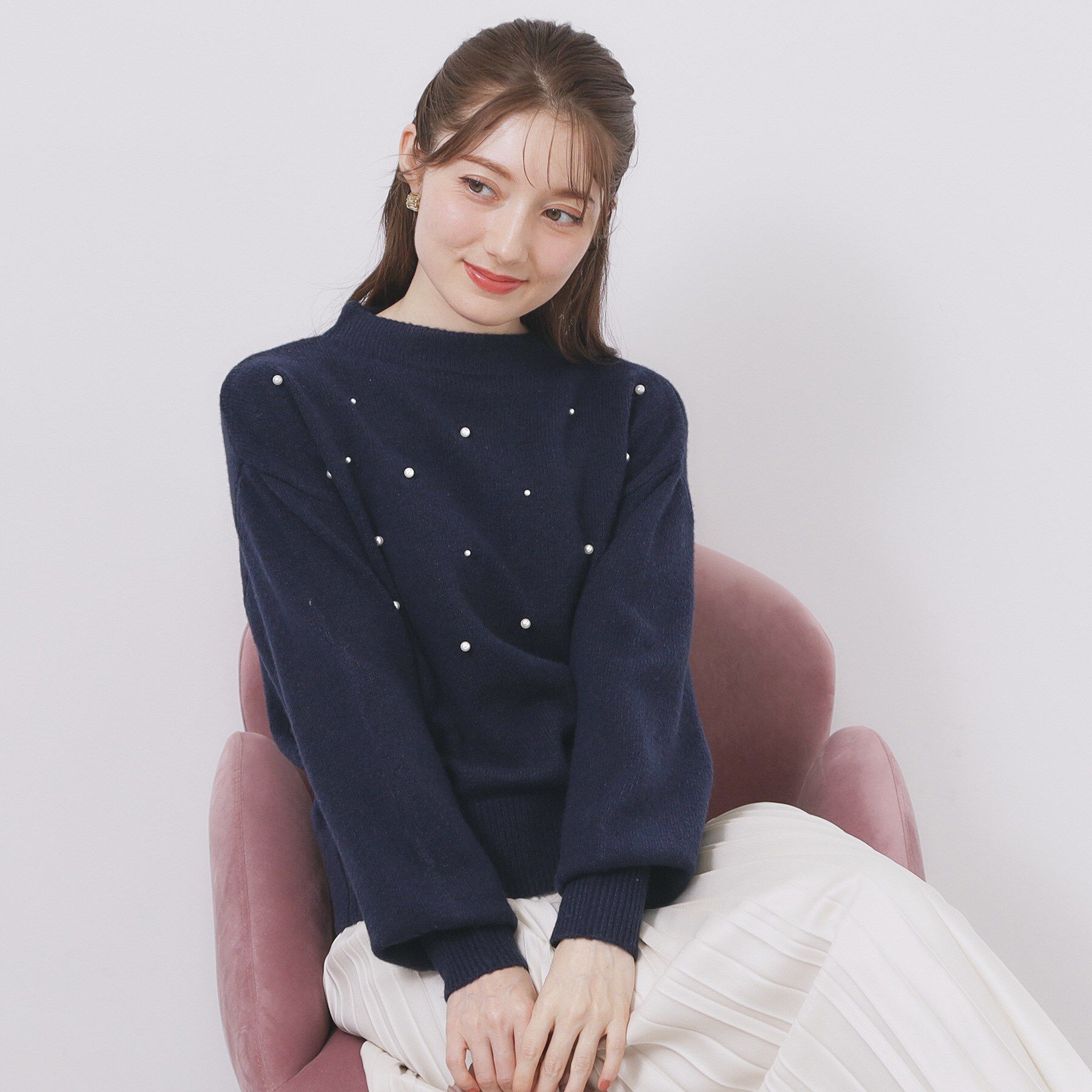 index「フェイクパールふわふわニット【洗濯機OK】」|ニット・セーター|ネイビー(094)