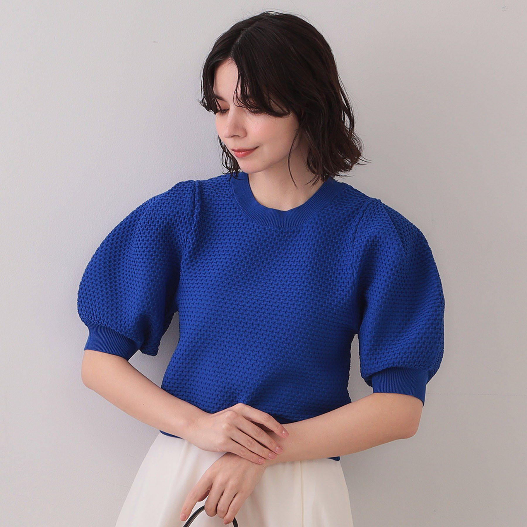 OPAQUE.CLIP「ぽこぽこパフスリーブニット【洗濯機洗い可/抗ピル】」|ニット・セーター|ブルー(093)