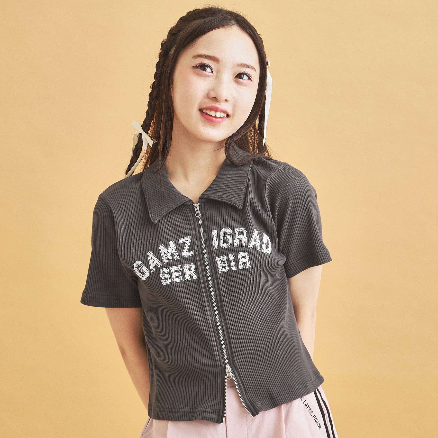 PINK-latte「襟付きテレコダブルジッププルオーバー」|Tシャツ・カットソー|