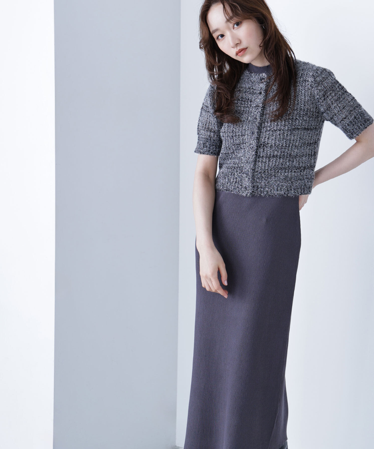  「フィルムラメカーデセットニットワンピース」|ワンピース|