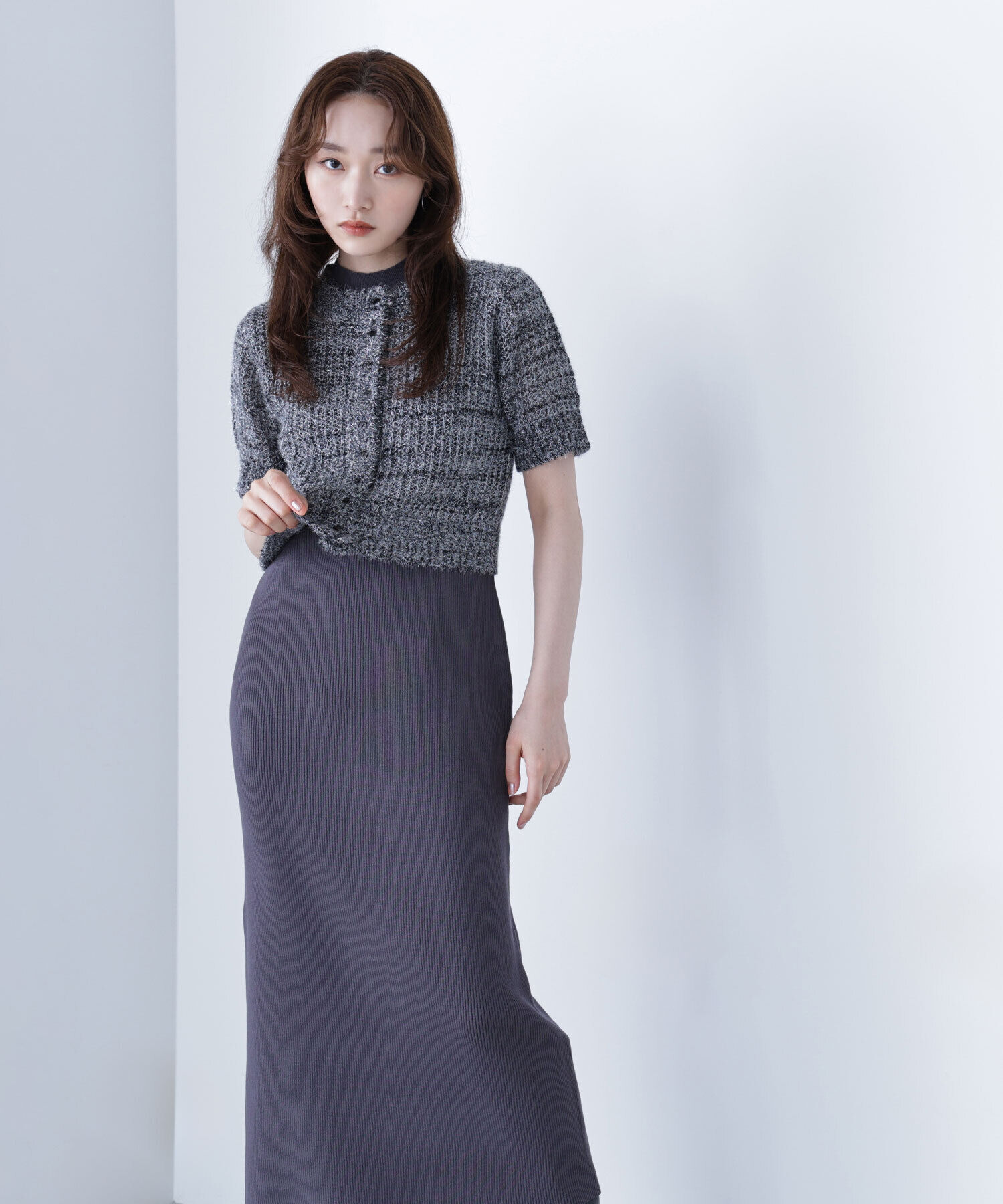  「フィルムラメカーデセットニットワンピース」|ワンピース|