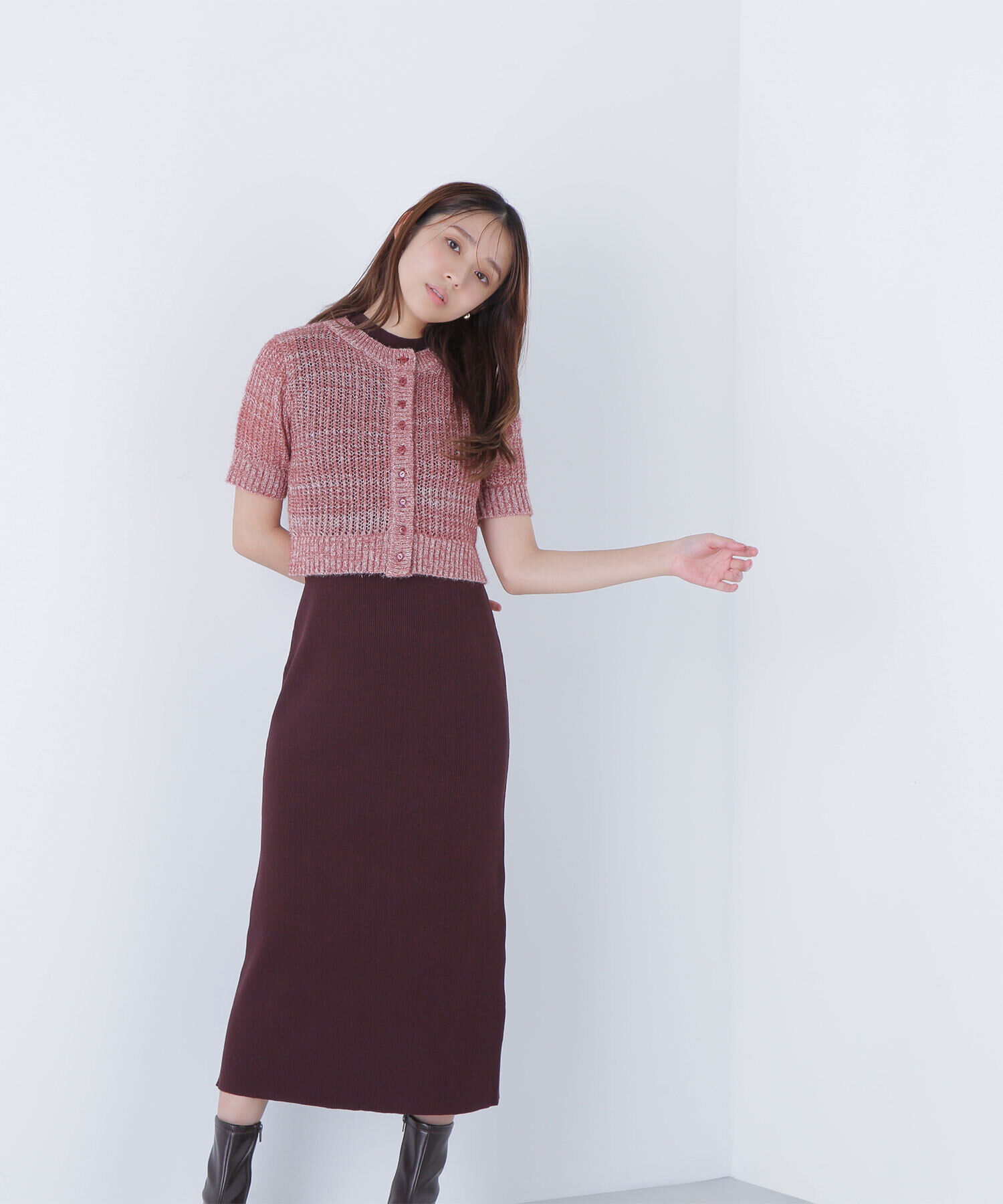  「フィルムラメカーデセットニットワンピース」|ワンピース|