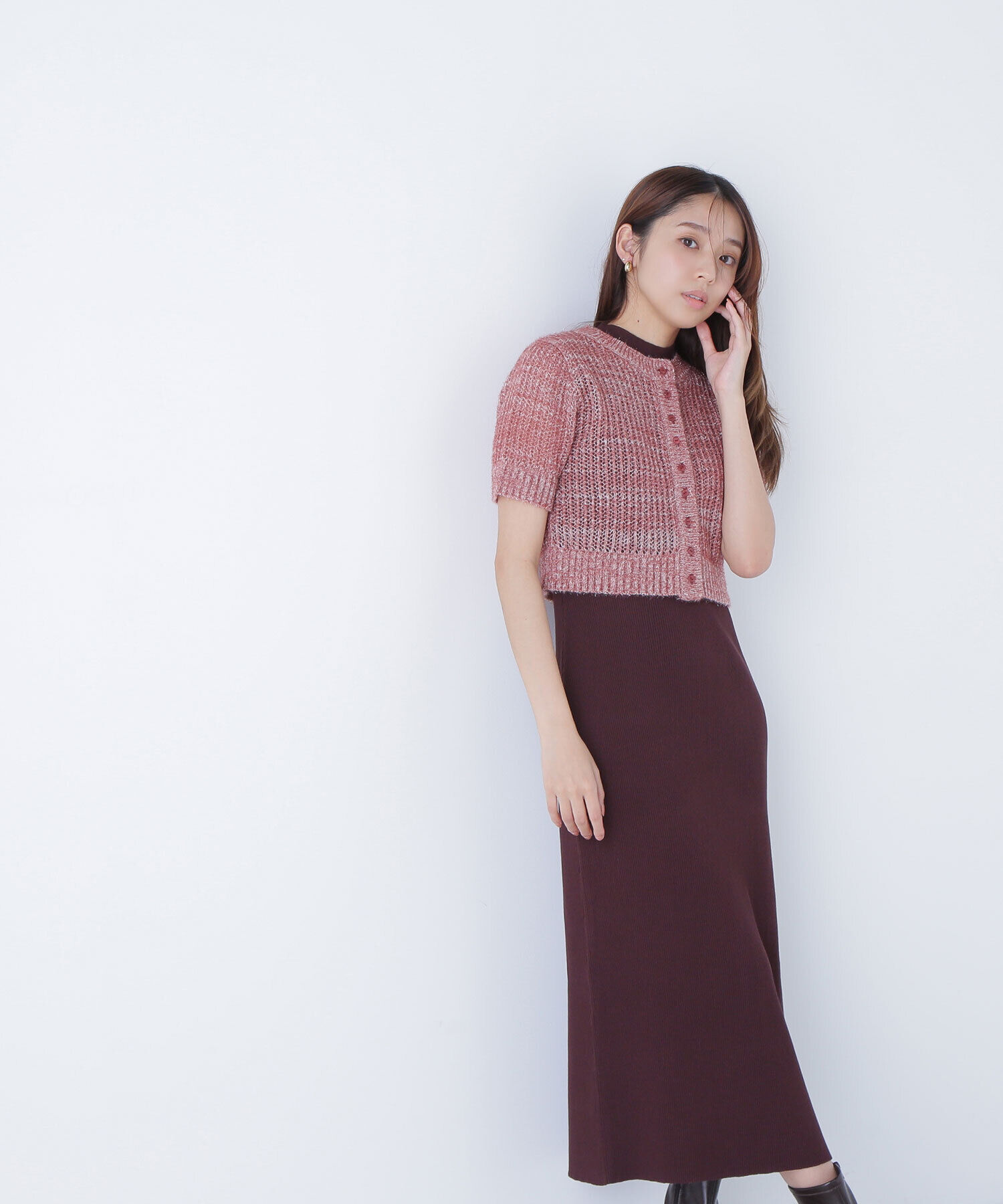  「フィルムラメカーデセットニットワンピース」|ワンピース|