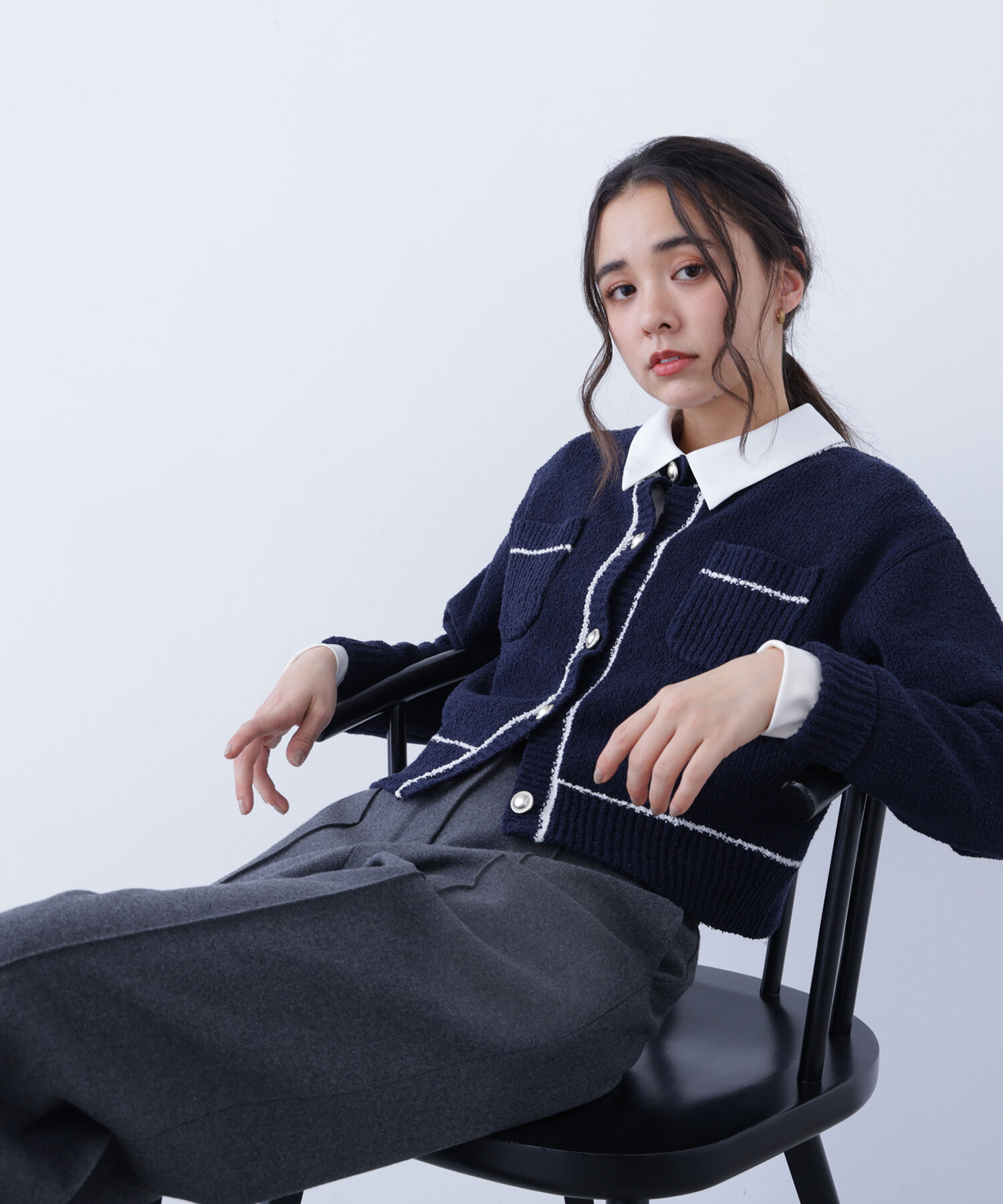  「〈N.〉バイカラーラインポケットカーディガン」|ニット・セーター|ネイビー