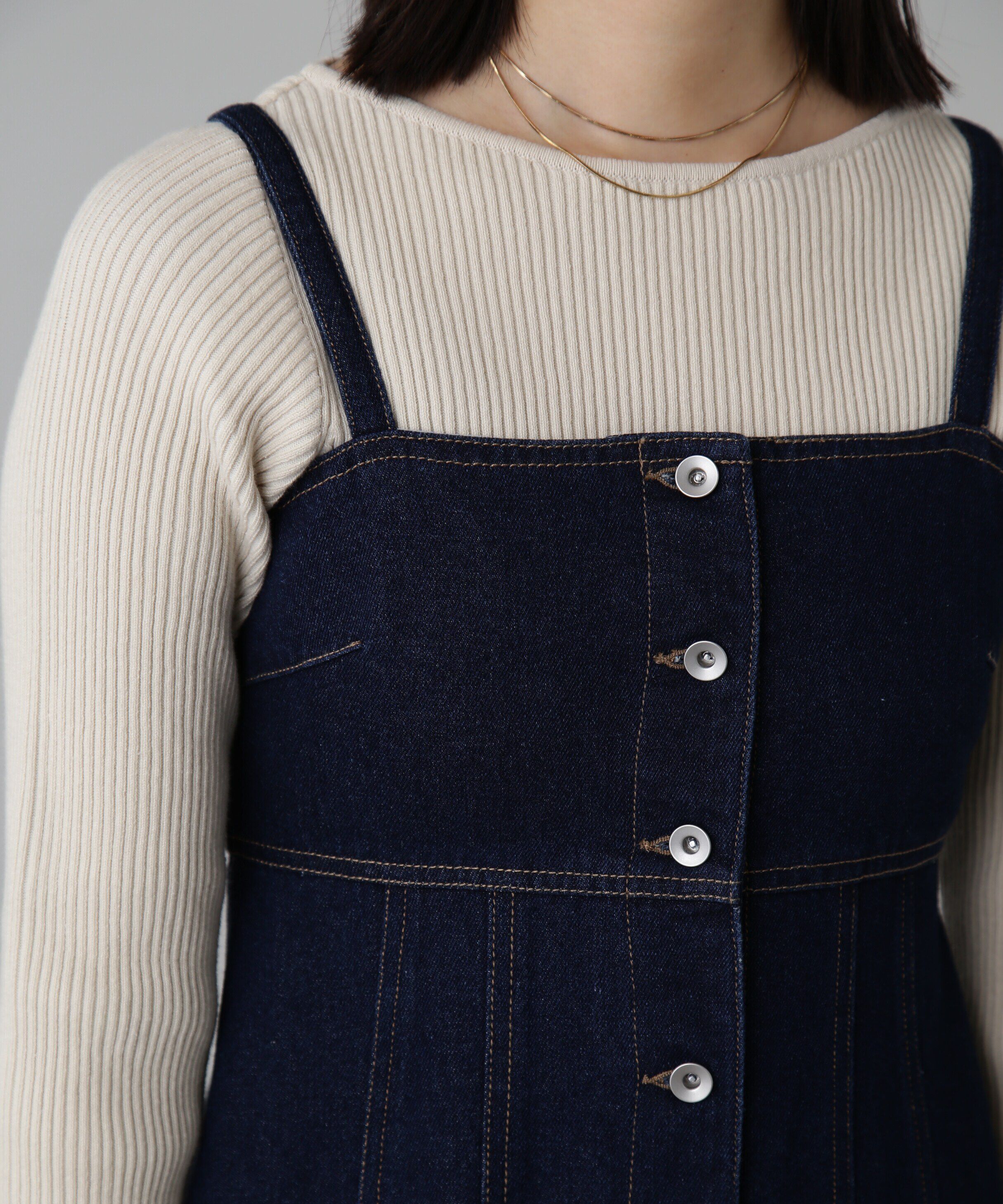  「[低身長サイズ/Sシリーズ]フロントボタンデニムキャミワンピース」|ワンピース|