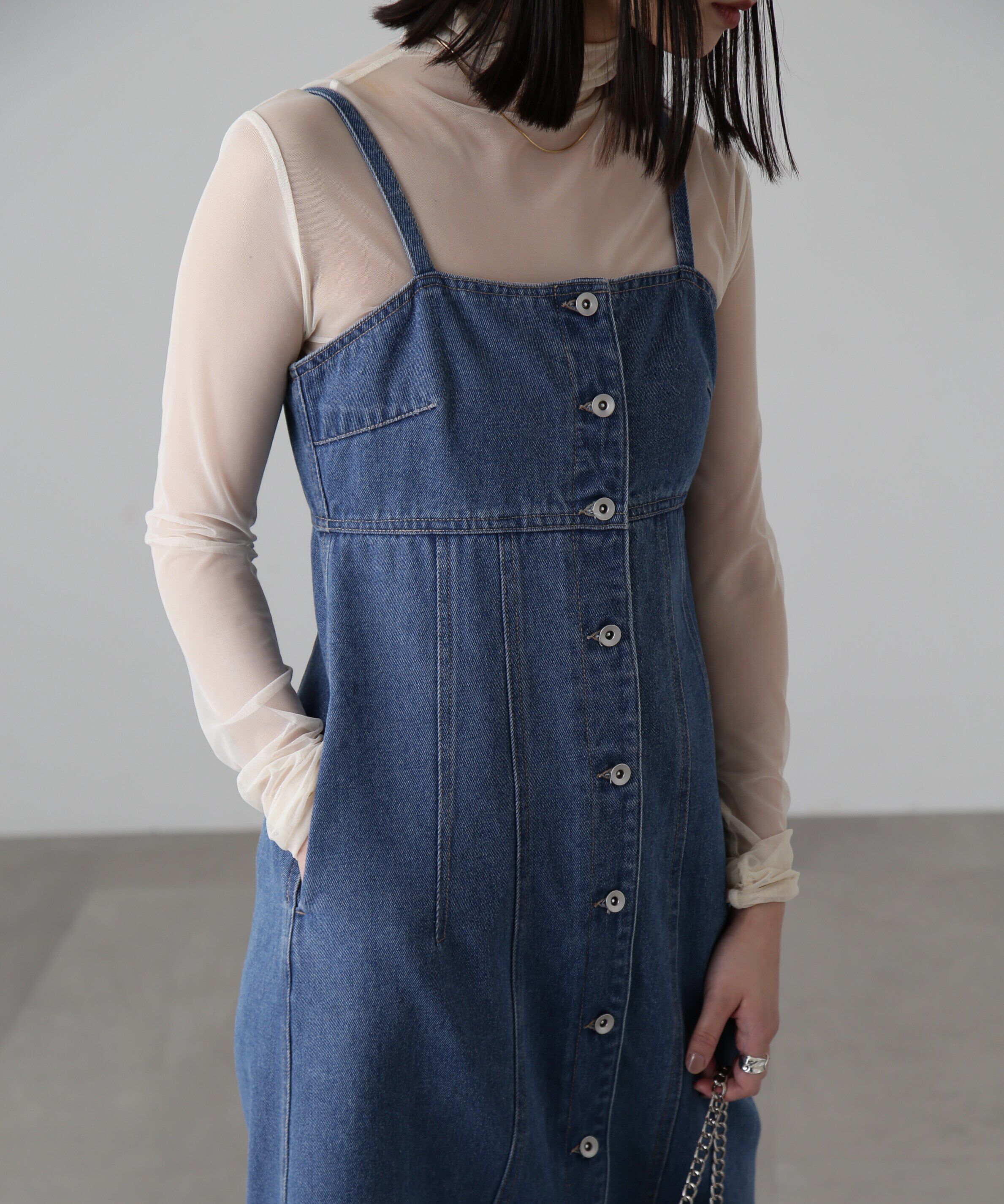  「[低身長サイズ/Sシリーズ]フロントボタンデニムキャミワンピース」|ワンピース|