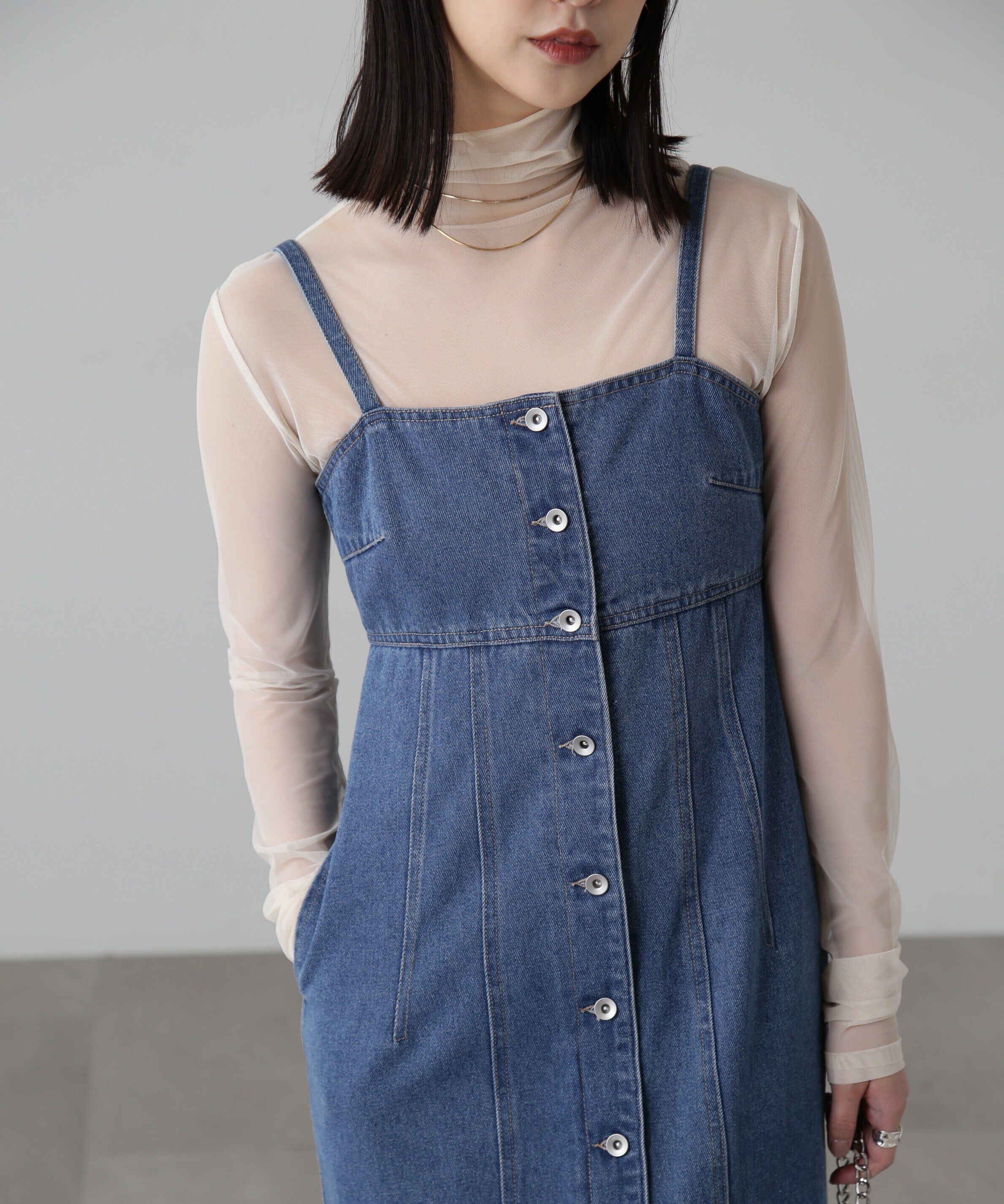  「[低身長サイズ/Sシリーズ]フロントボタンデニムキャミワンピース」|ワンピース|