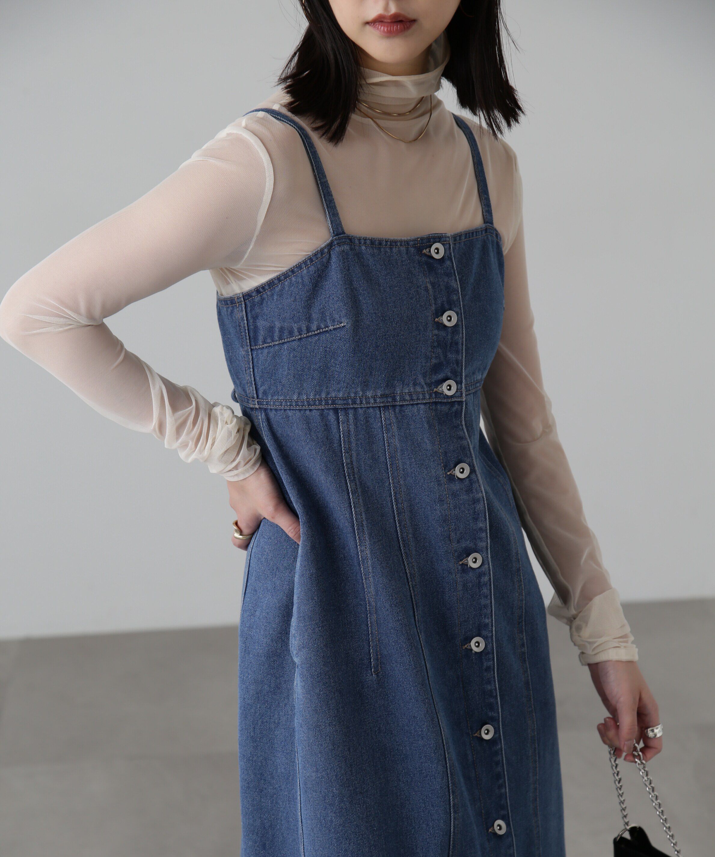  「[低身長サイズ/Sシリーズ]フロントボタンデニムキャミワンピース」|ワンピース|