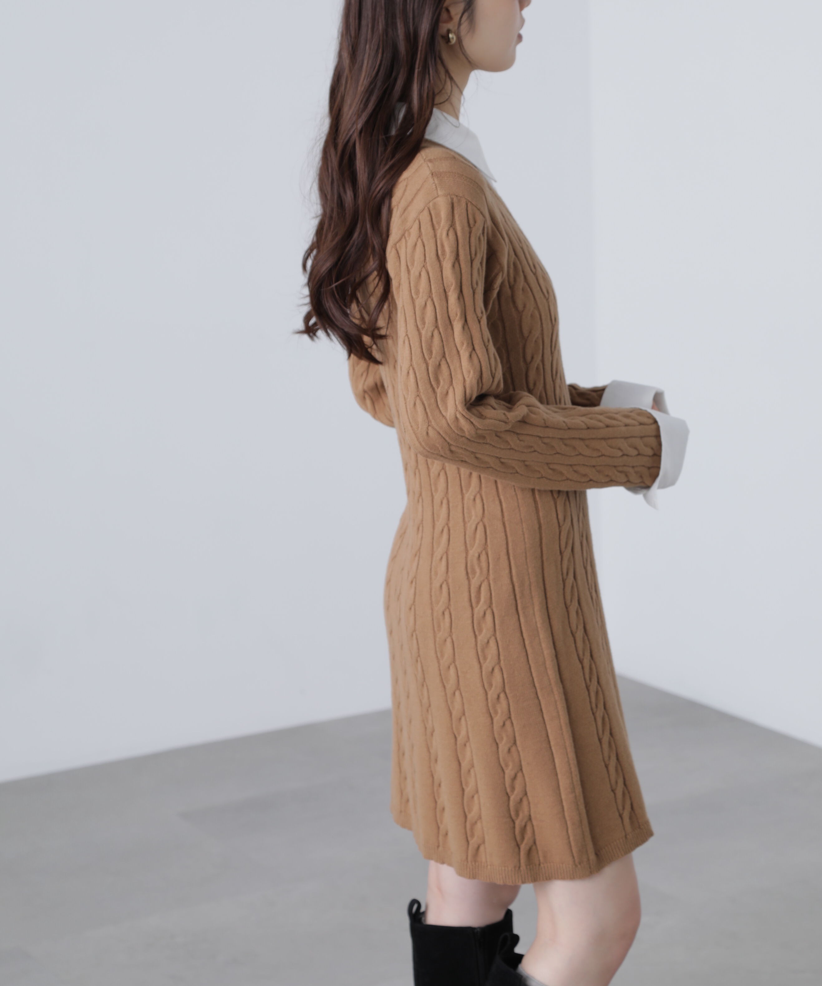  「レイヤード風ケーブルニットミニワンピース」|ワンピース|