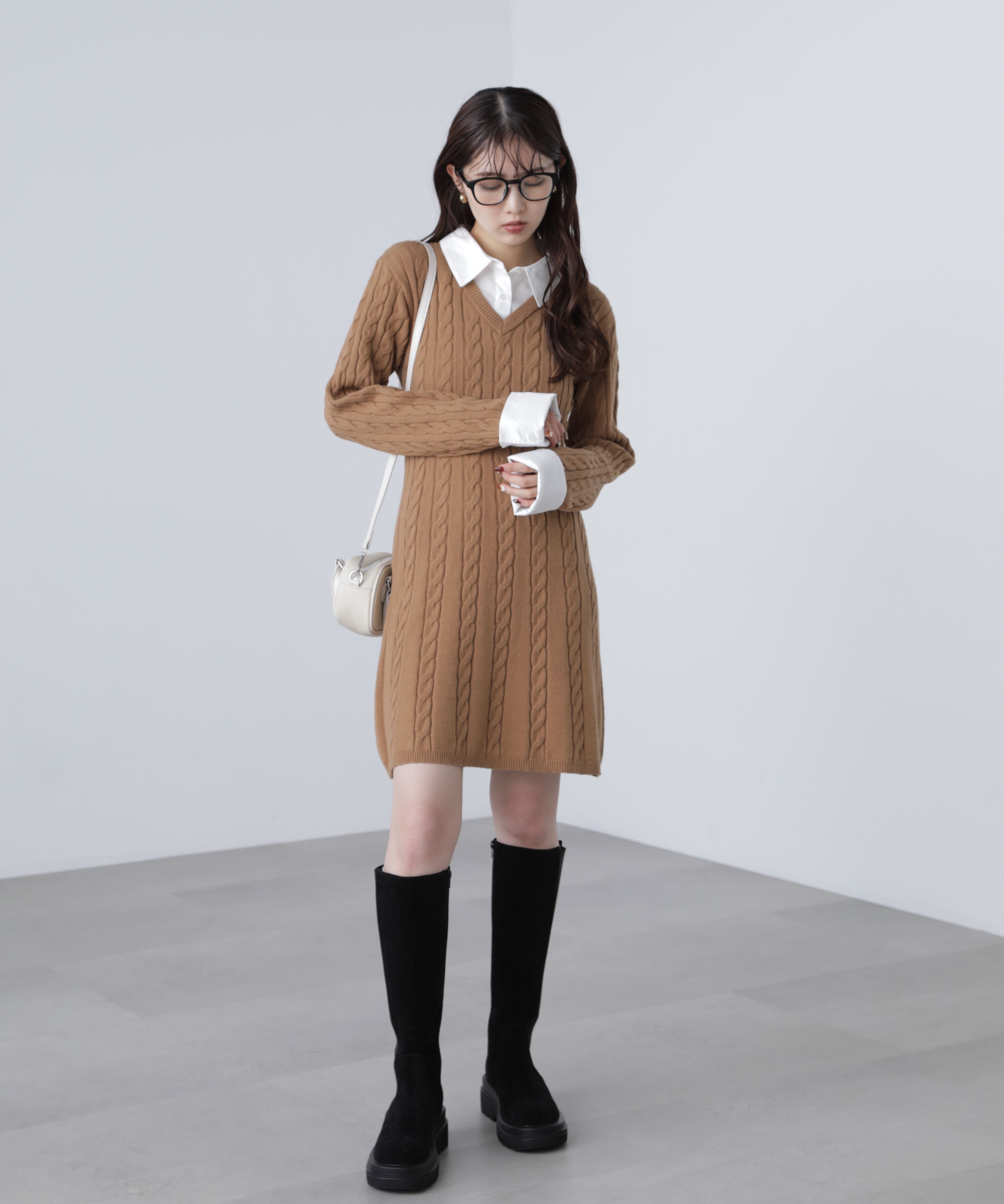  「レイヤード風ケーブルニットミニワンピース」|ワンピース|