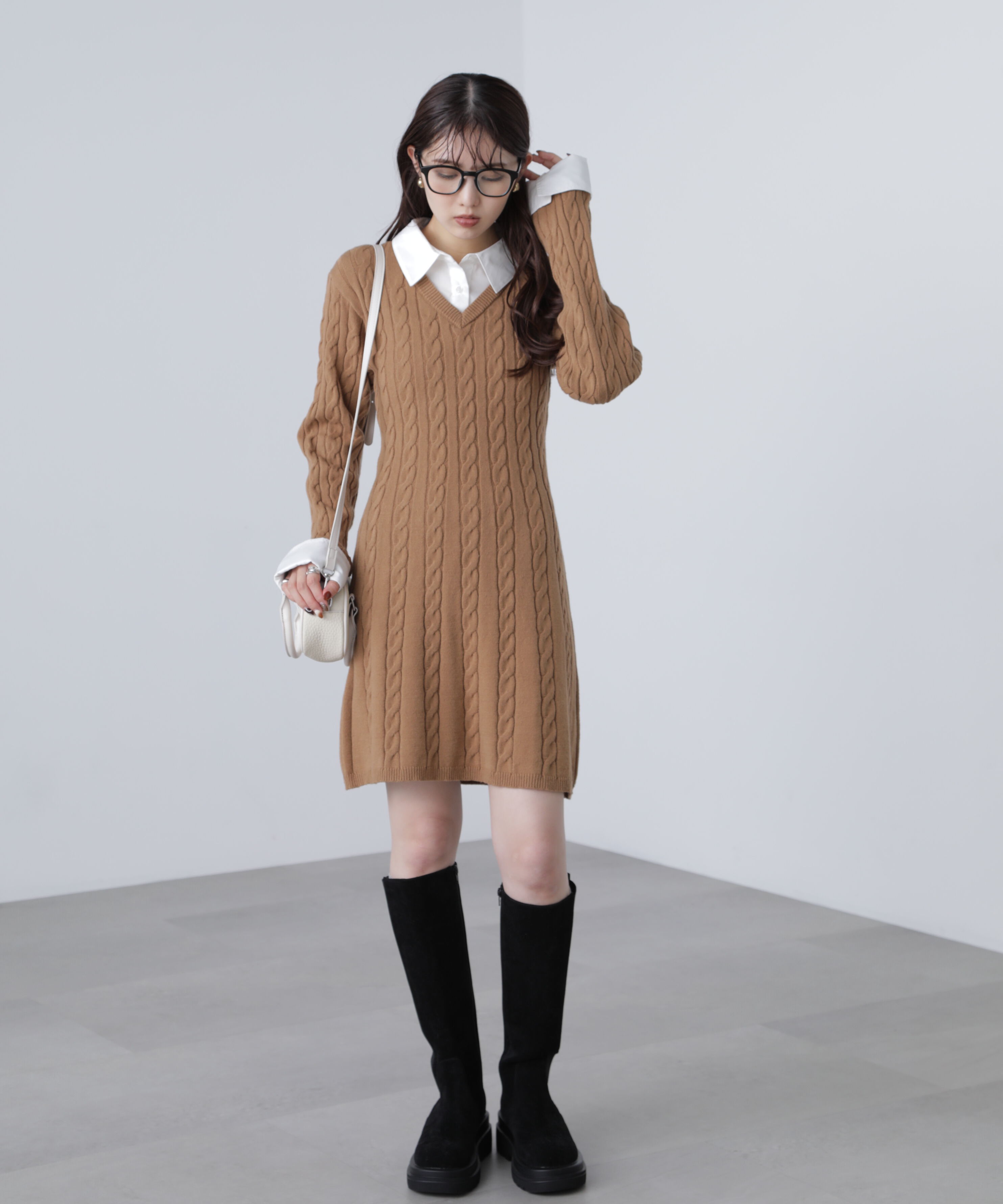  「レイヤード風ケーブルニットミニワンピース」|ワンピース|