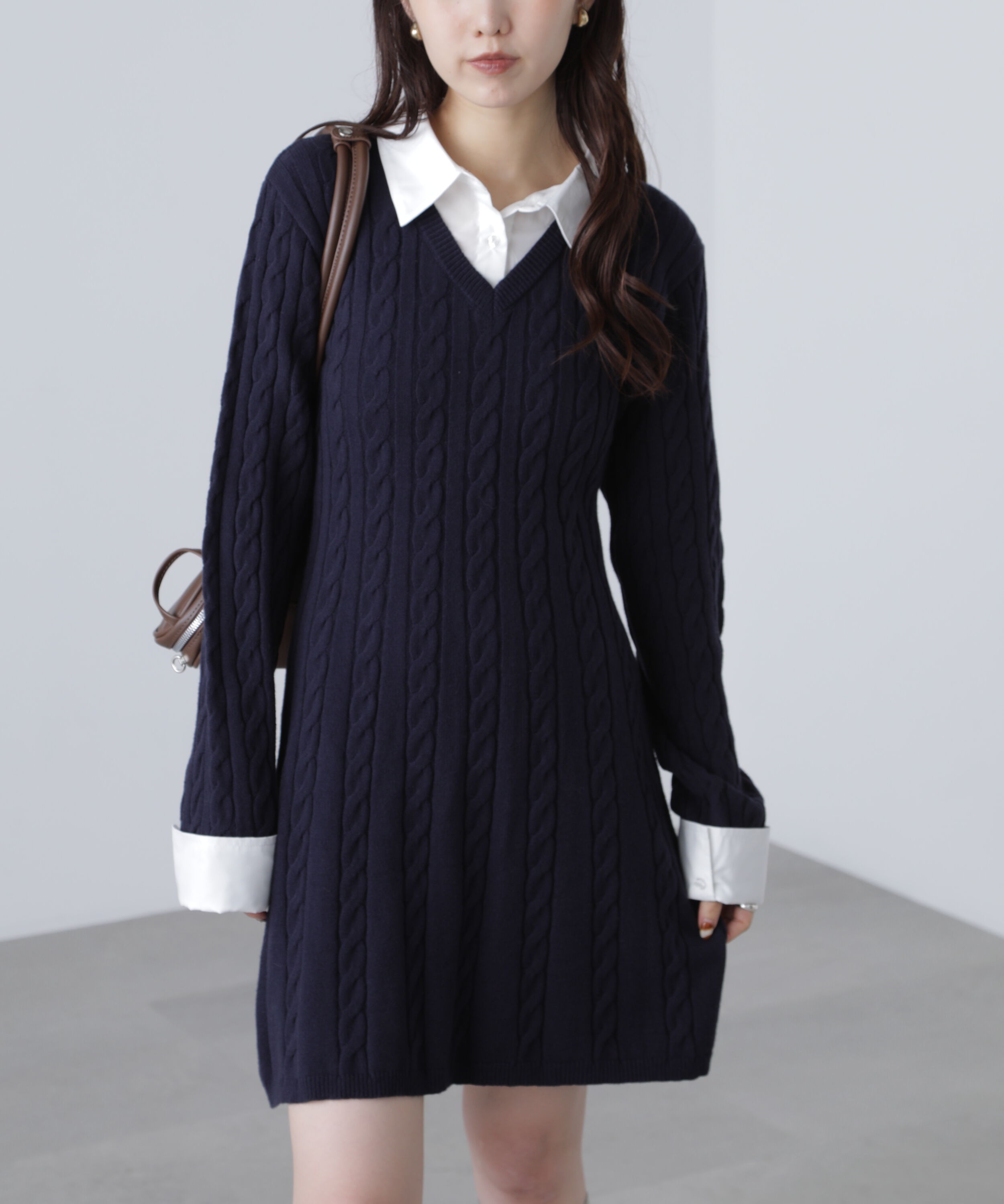  「レイヤード風ケーブルニットミニワンピース」|ワンピース|