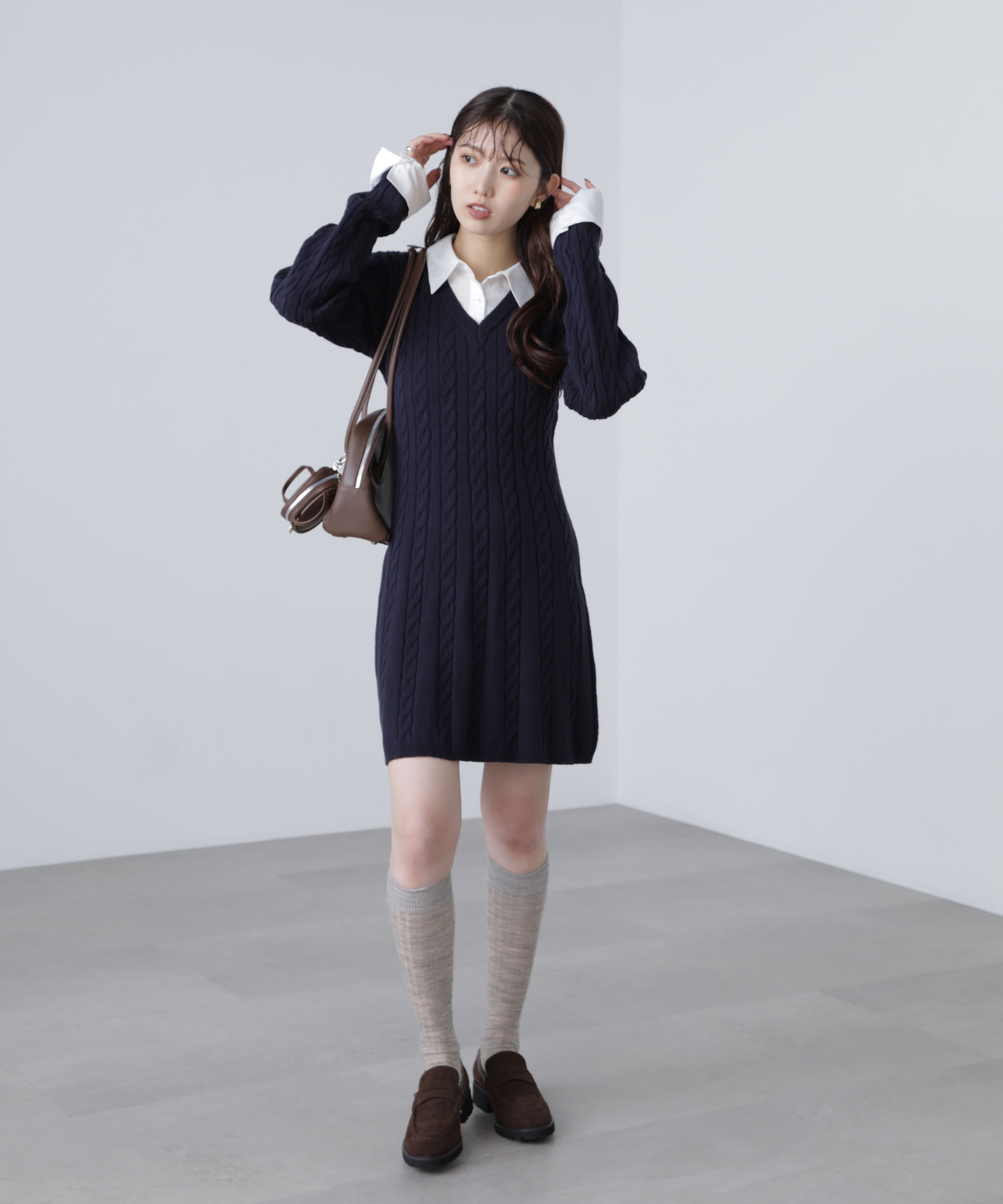  「レイヤード風ケーブルニットミニワンピース」|ワンピース|