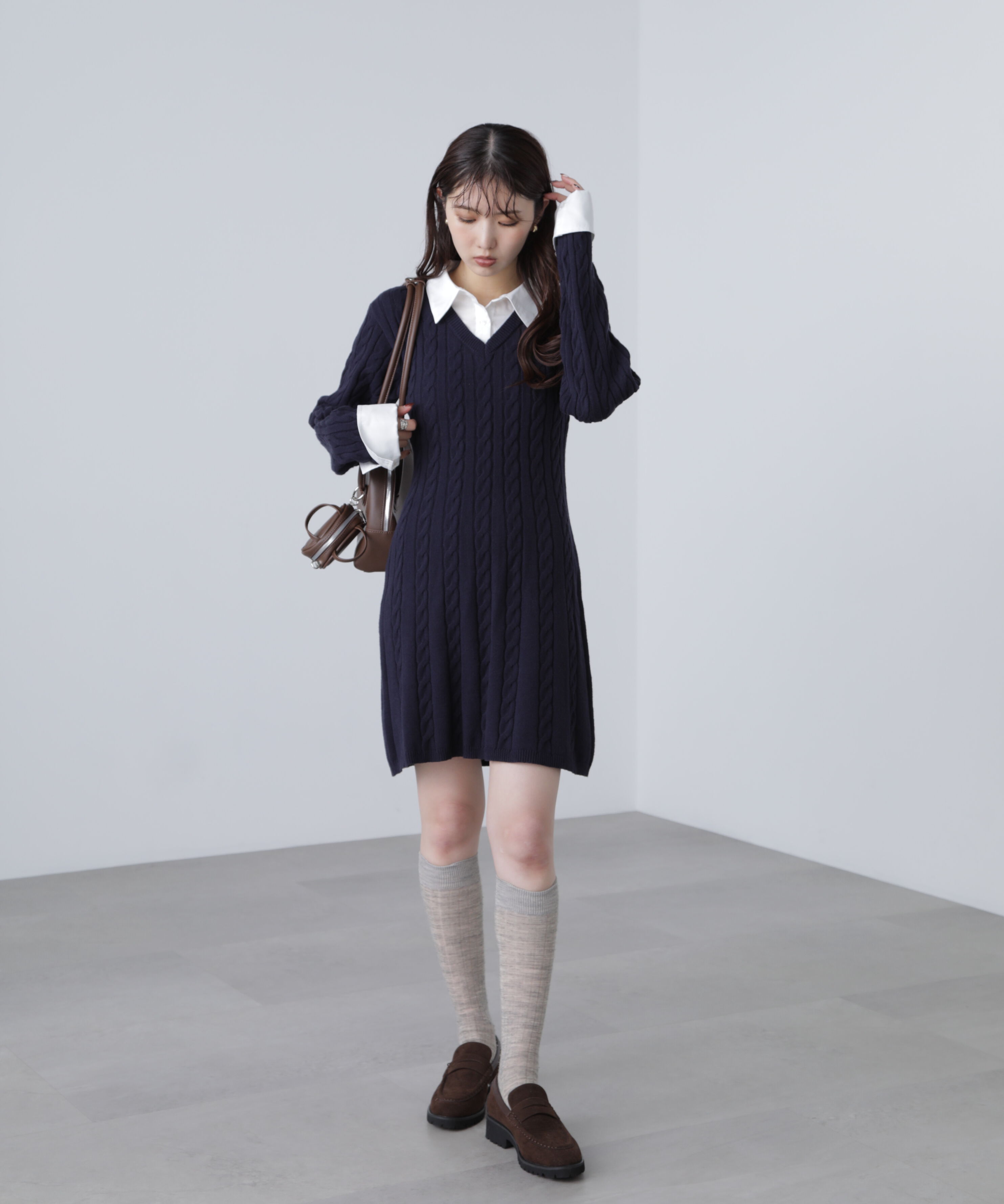  「レイヤード風ケーブルニットミニワンピース」|ワンピース|